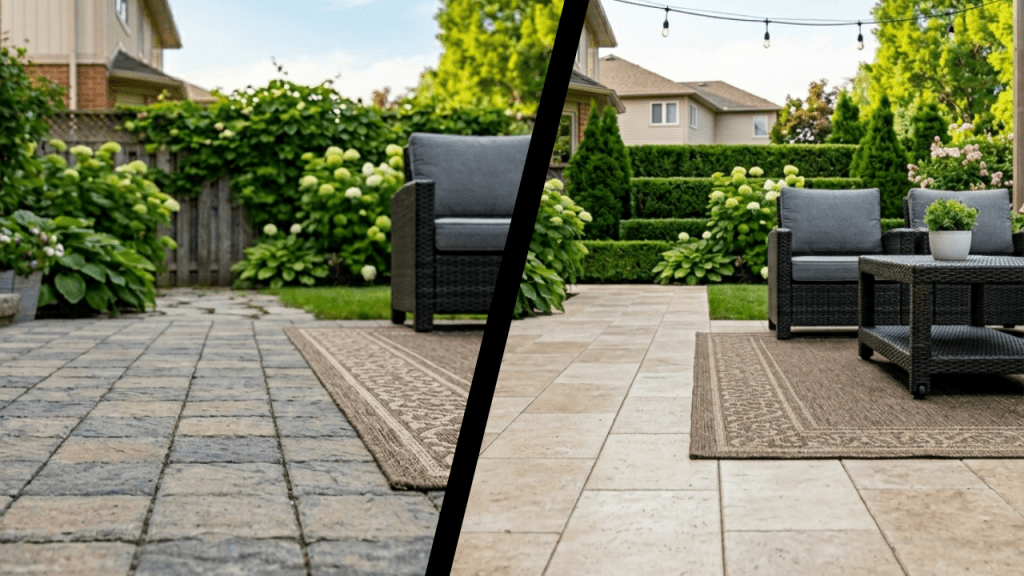 Split-screen before and after comparison of a professional paver patio installation featuring modern grey stone pavers and outdoor furniture.